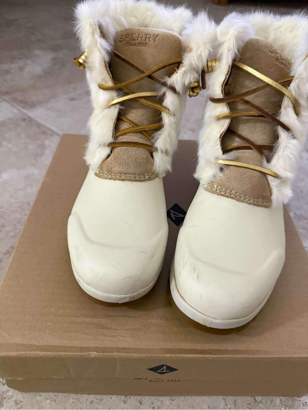 Sperry Cream and Tan Faux-Fur Winter Duck Boots